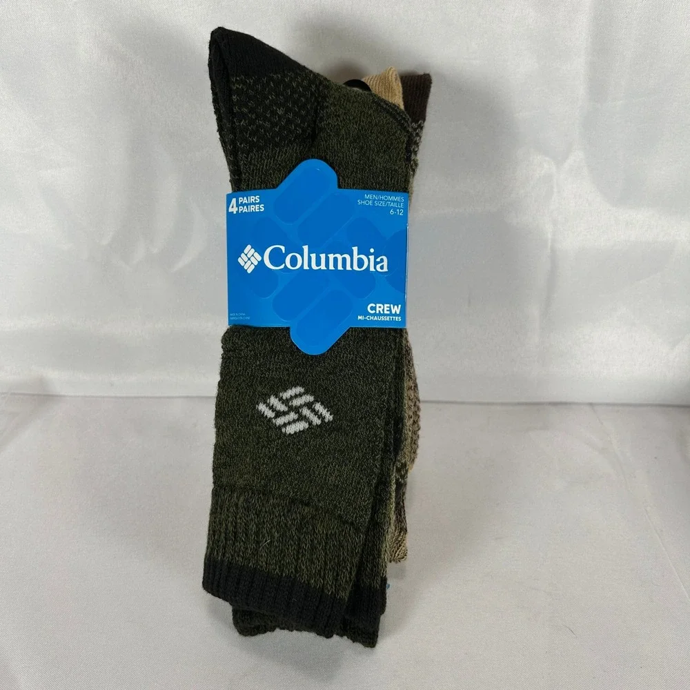 Columbia Mens Crew Socks 4 Pairs Green Tan Brown Reinforced Heel Toe Size 6-12